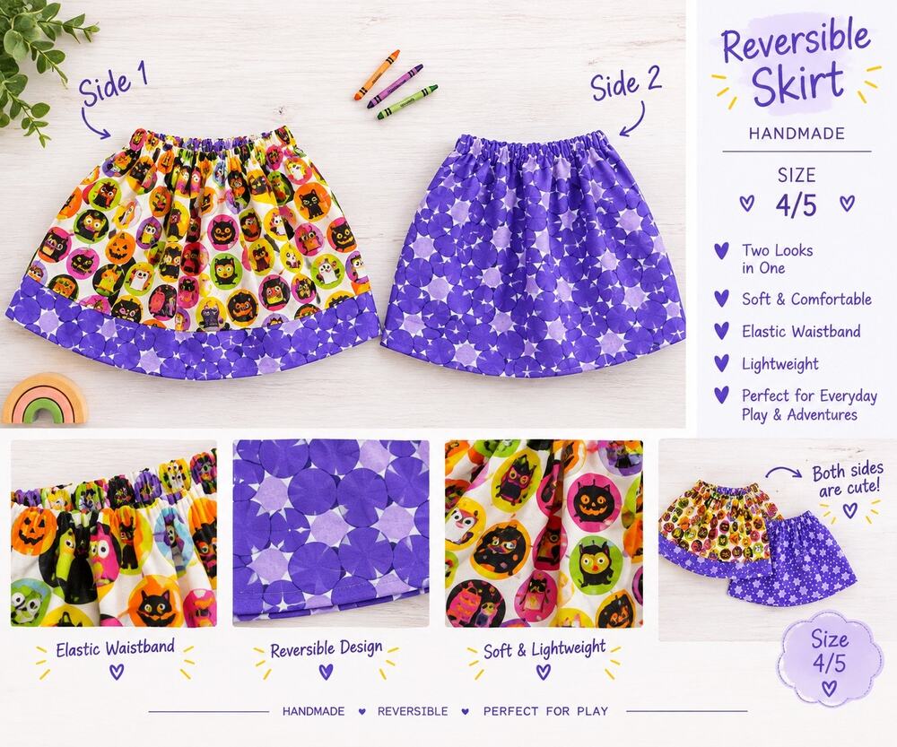 Handmade Reversible Halloween Skirt Kids Size 4/5 Fall Kidcore Versatile